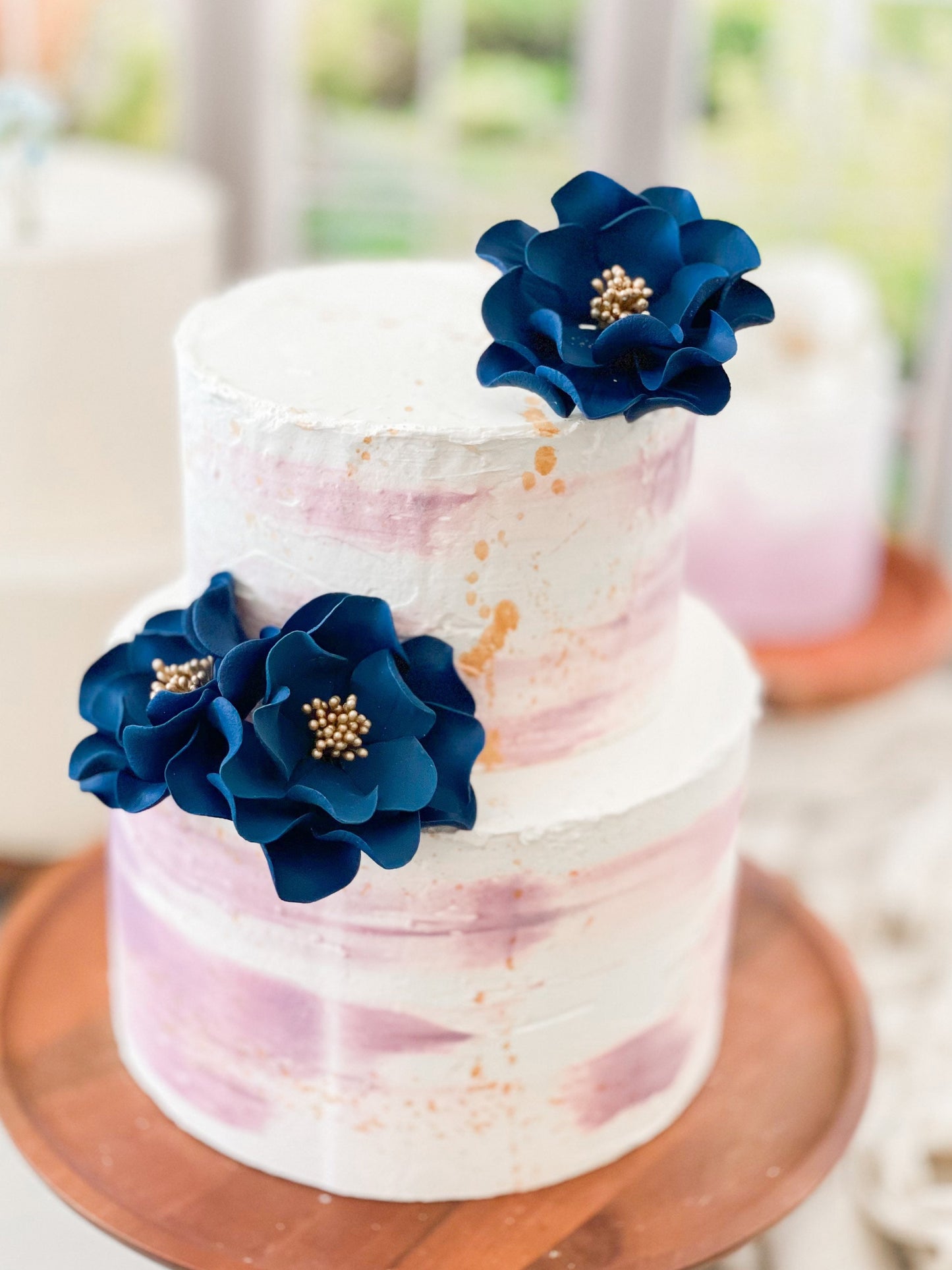 Navy and Gold Open Rose Trio — Sugar Flower Cake Topper
