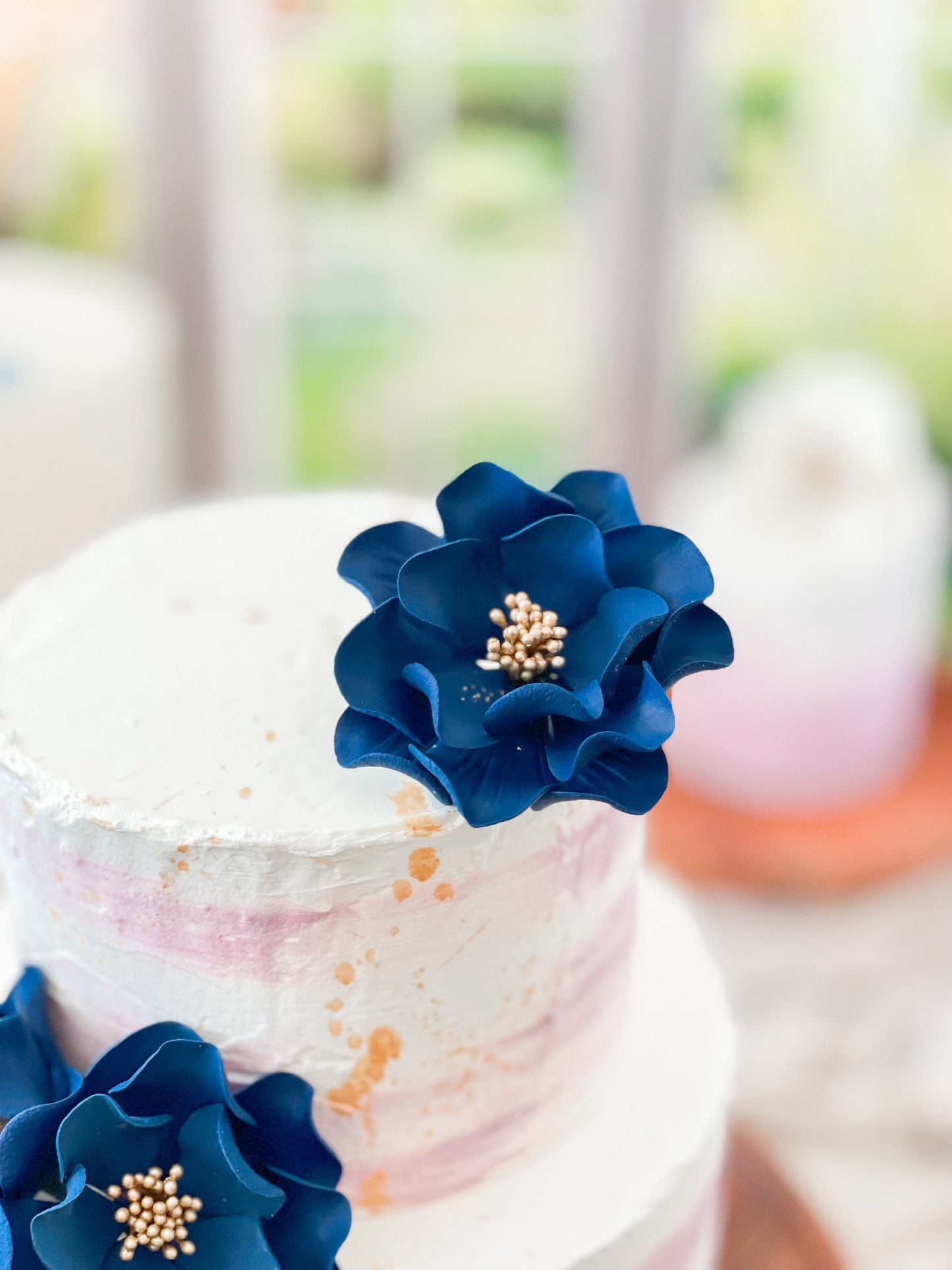 Navy and Gold Open Rose Trio — Sugar Flower Cake Topper