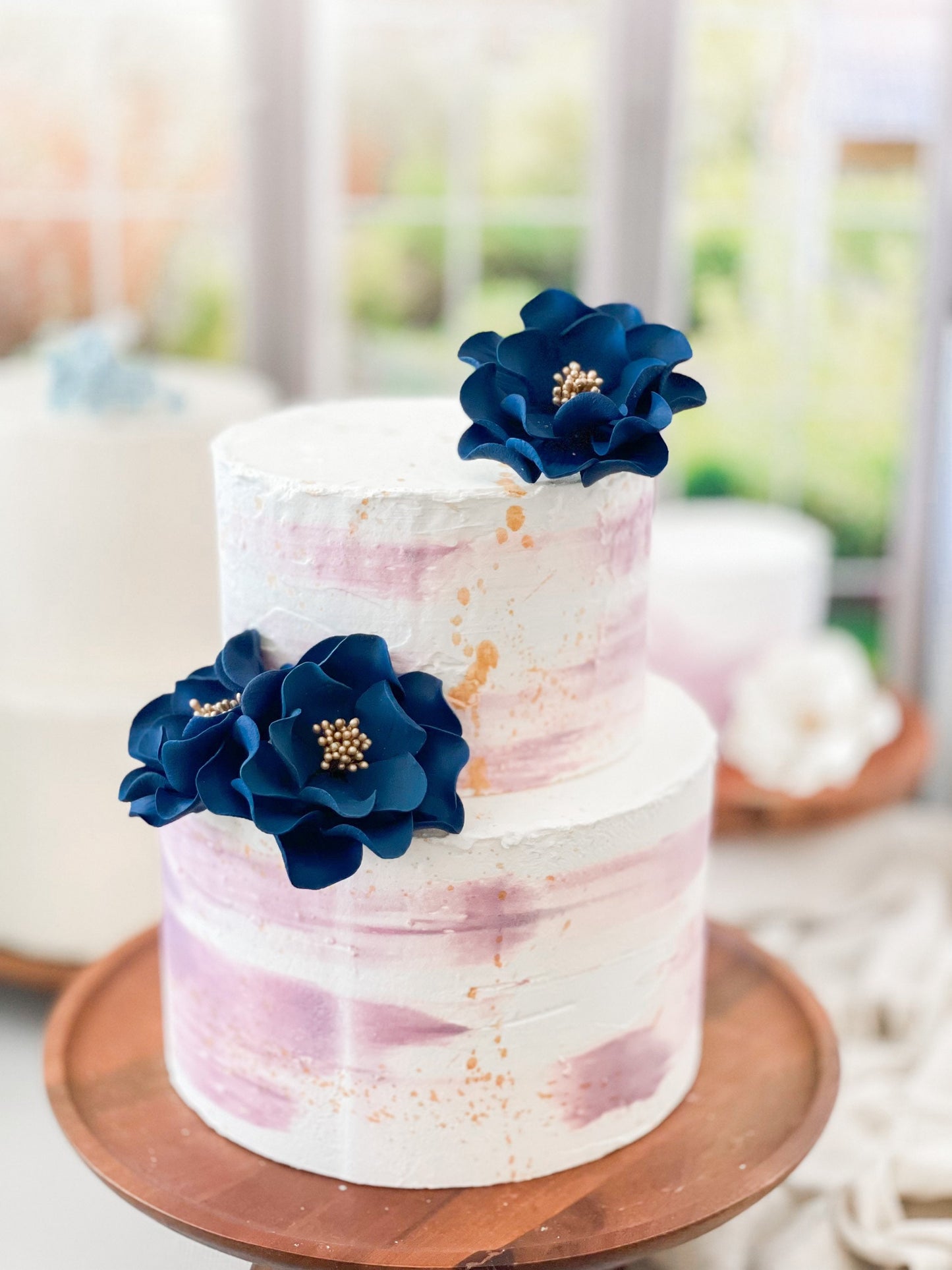 Navy and Gold Open Rose Trio — Sugar Flower Cake Topper