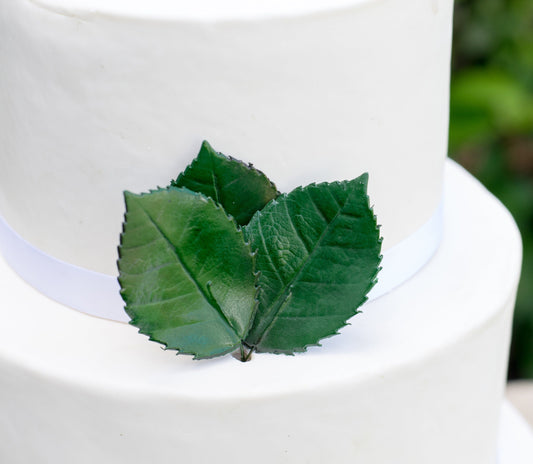 White cake with green gumpaste rose leaves on a blurred natural background