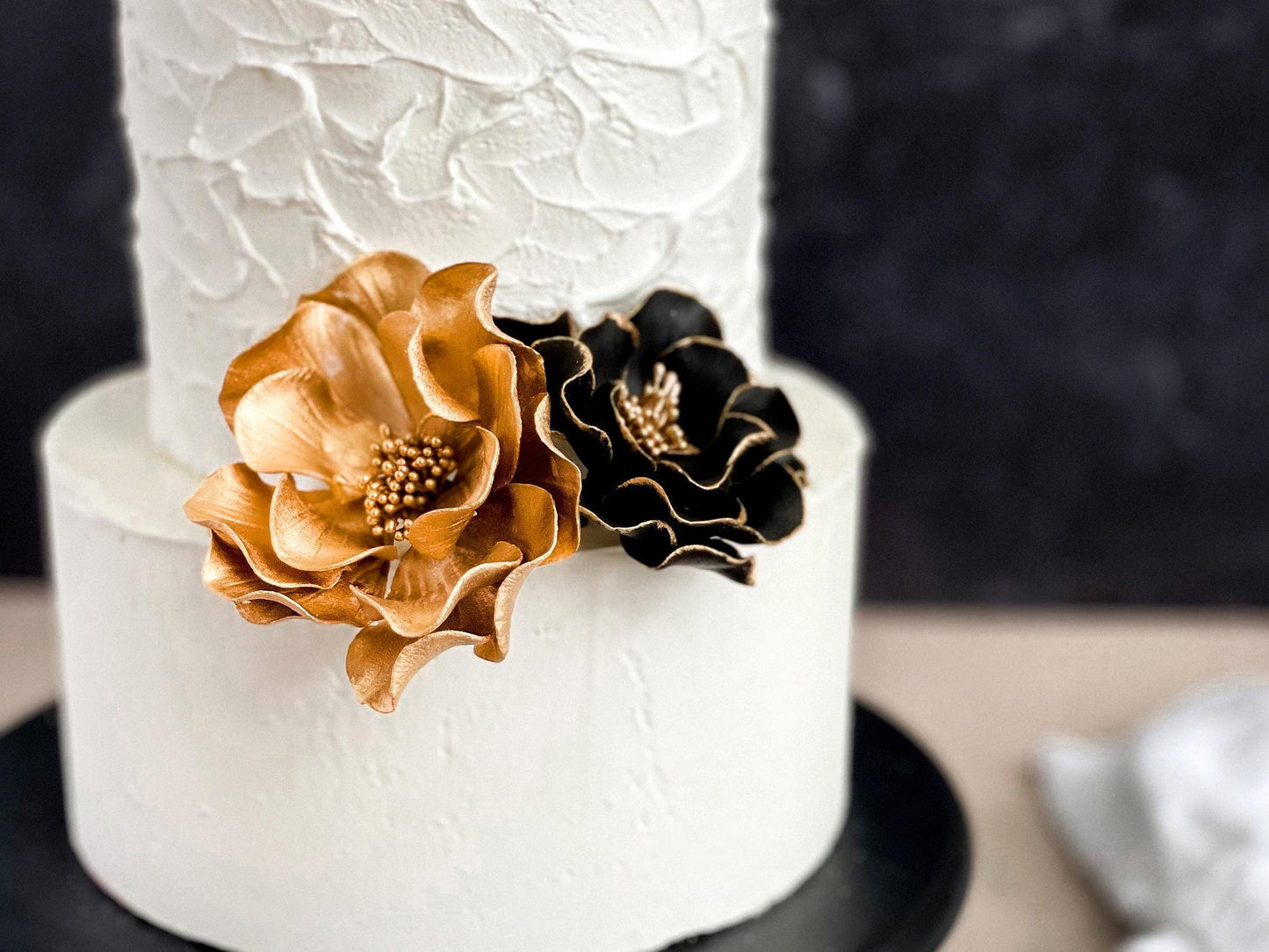Black + Gold Sugar Flower Wedding Cake Topper Bundle