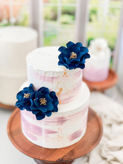 Navy and Gold Open Rose Trio — Sugar Flower Cake Topper