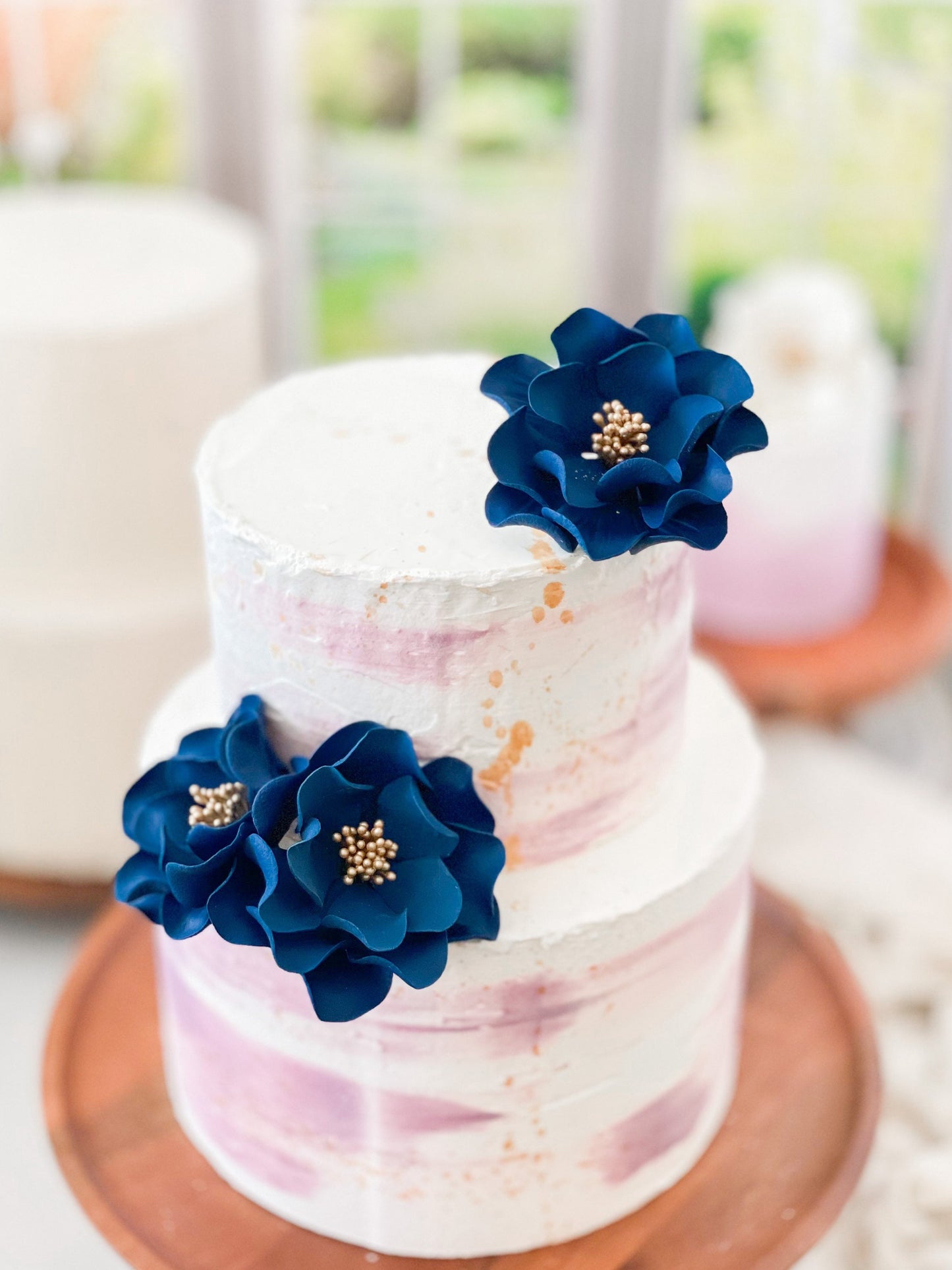 Navy and Gold Open Rose Trio — Sugar Flower Cake Topper